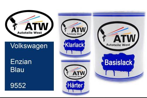 Volkswagen, Enzian Blau, 9552: 1L Lackdose + 1L Klarlack + 500ml Härter - Set, von ATW Autoteile West.